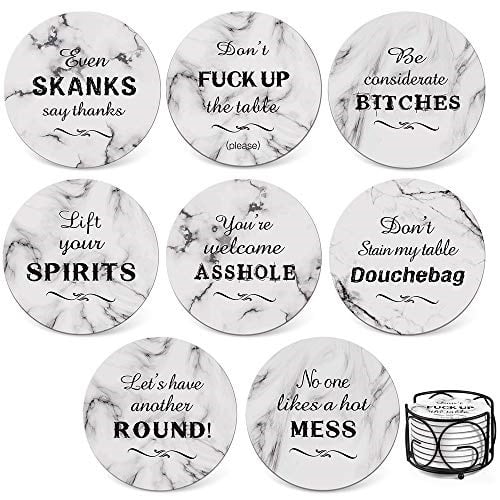 Apartment Kitchen Room Bar Decor Sand Marble Funny Style 8 Piece Coaster by Teivio for Drinks Absorbing Stone Coasters Set Cork Base Metal Holder Birthday Housewarming 